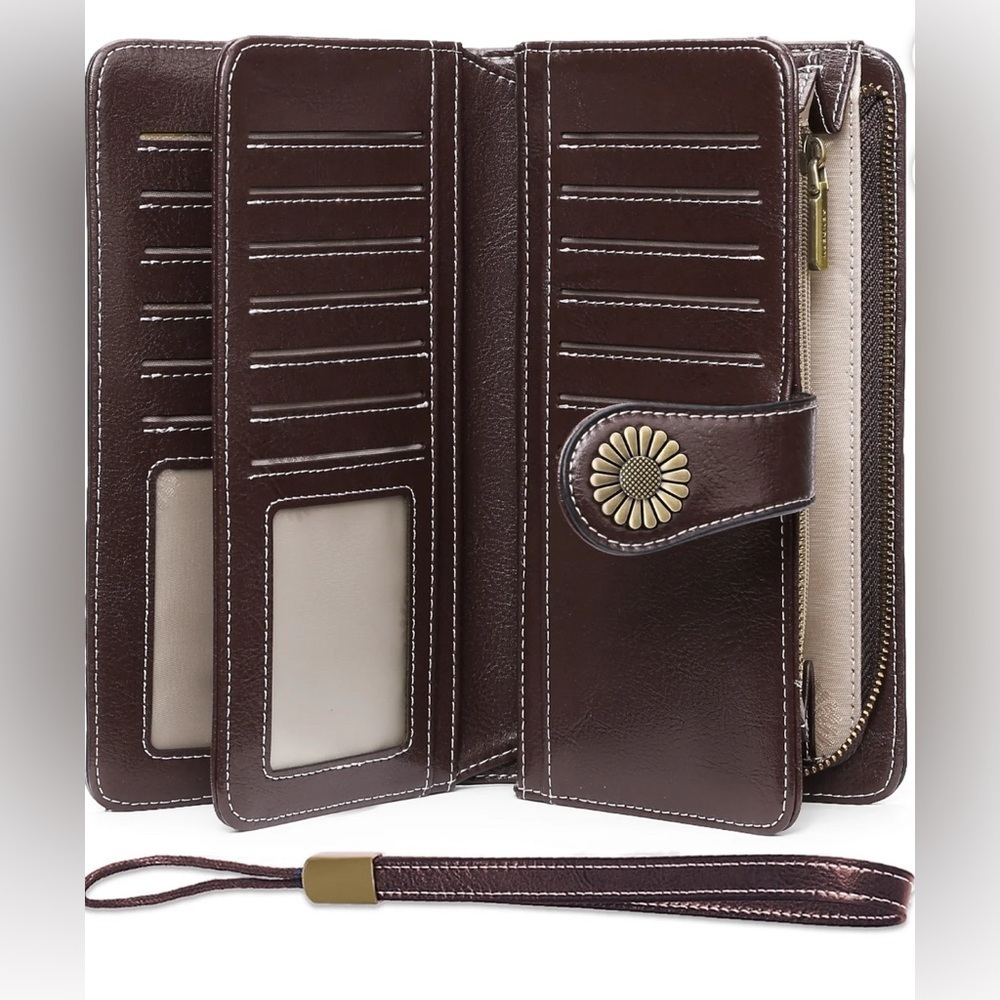 Sendefn Brown Leather Floral Wristlet Wallet Purse